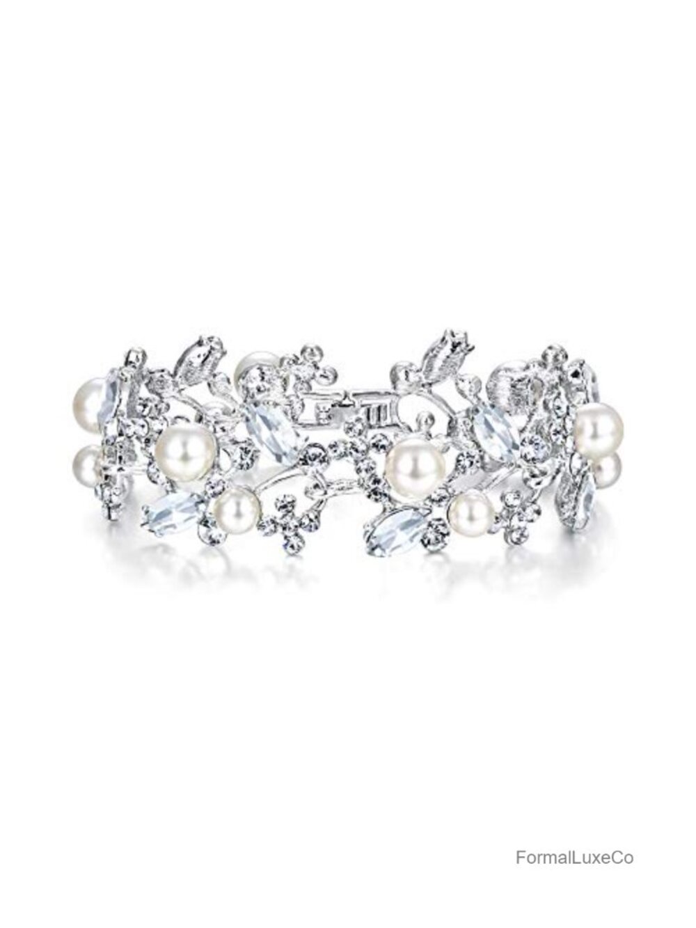 Austrian Crystal White Simulated Pearl Bridal Tennis Bracelet Clear